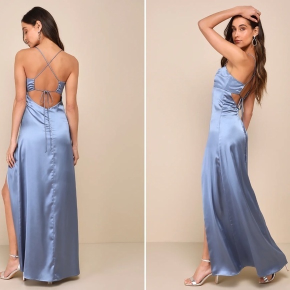 LULUS Prom Wedding Bridesmaid Sexy Satin Open Tie Back Elegant Maxi Dress - Picture 3 of 3